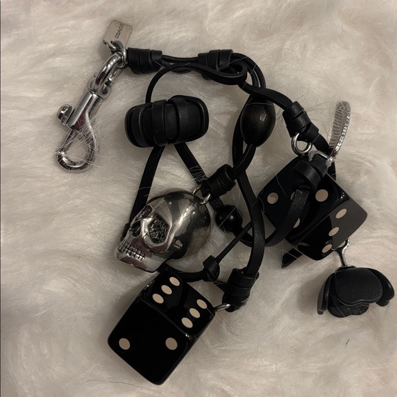 Black Leather Charm Keychain with Skull and Dice - Picture 2 of 3